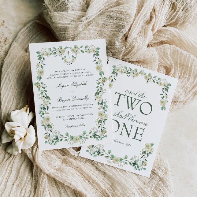 Convite Casamento Católico Crest com Aquarela Branca (Dainty Catholic wedding invitation with white flowers and greenery and Bible verse)