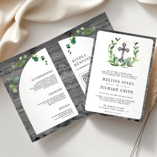 Convite Casamento Católico Cruz de Madeira Cinza Eucalipto
