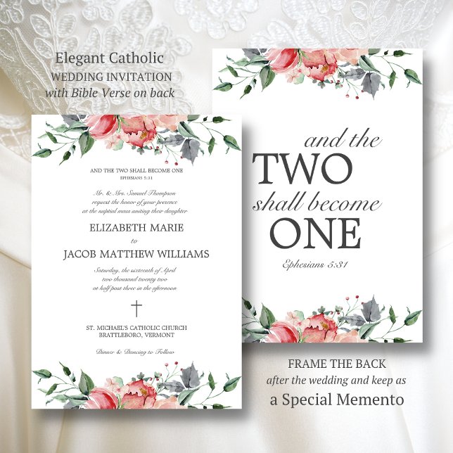 Convite Casamento Católico das Flores Rosa Elizabeth Elega (Elegant, pink, floral Catholic wedding invitation with Bible verse on back)