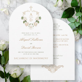 Convite Casamento Católico de Rosas Brancas Frame Monogram