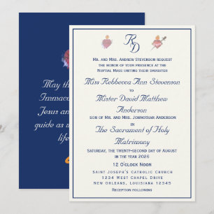 Convite Casamento Católico Dos Dois Corações Azul-Marinho