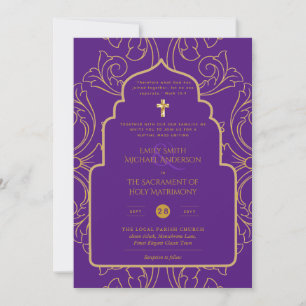 Convite Casamento Católico Dourado Elegante All-in-1 Roxo