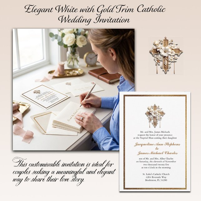 Convite Casamento Católico Elegante Branco com Acabamento  (Criador carregado)