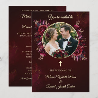 Convite Casamento Católico Floral Borgonha com Foto