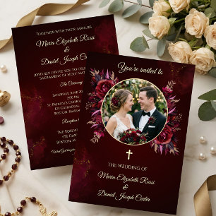 Convite Casamento Católico Floral Borgonha com Foto