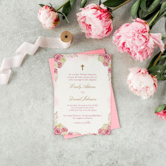 Convite Casamento Católico Floral Cristão Rosa Tradicional