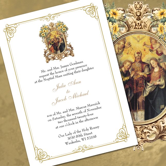 Convite Casamento Católico Floral e Dourado Elegante (Elegant Catholic Wedding Invitations - FREE SHIPPING available at checkout. )
