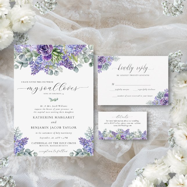 Convite Casamento Católico Floral Tradicional de Katherine (Catholic nuptial mass wedding invitation with purple florals and succulents and eucalyptus greenery)