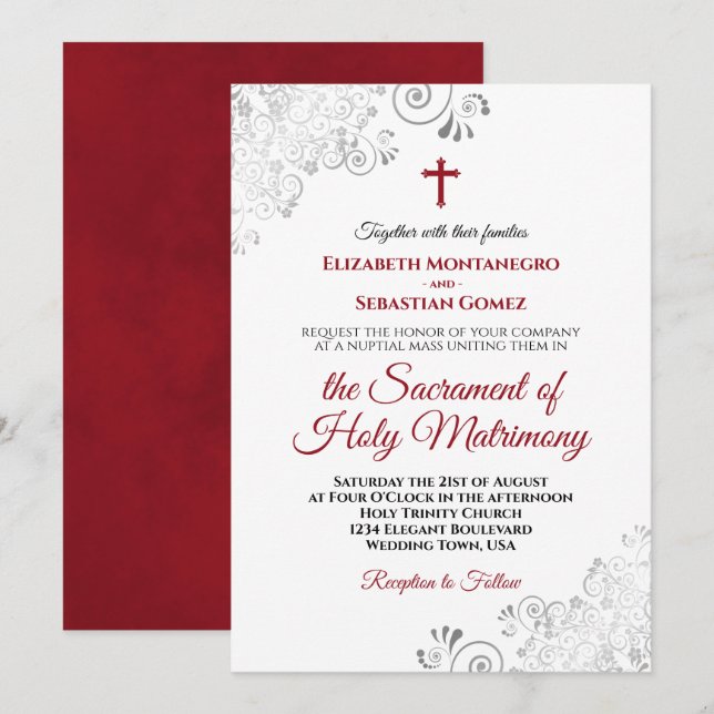 Convite Casamento Católico Moderno da Crimson Red & Cinza (Frente/Verso)