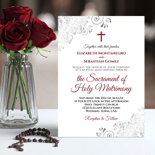 Convite Casamento Católico Moderno da Crimson Red & Cinza (Criador carregado)