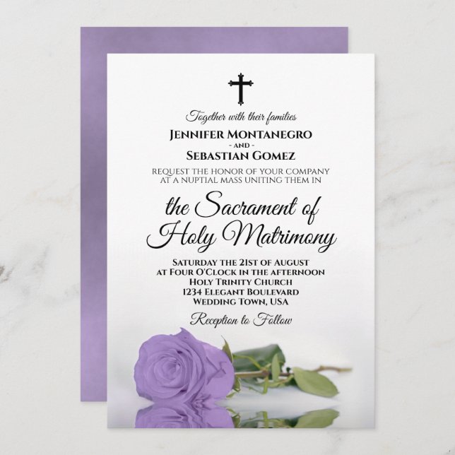 Convite Casamento Católico Moderno da Lavanda Elegante (Frente/Verso)