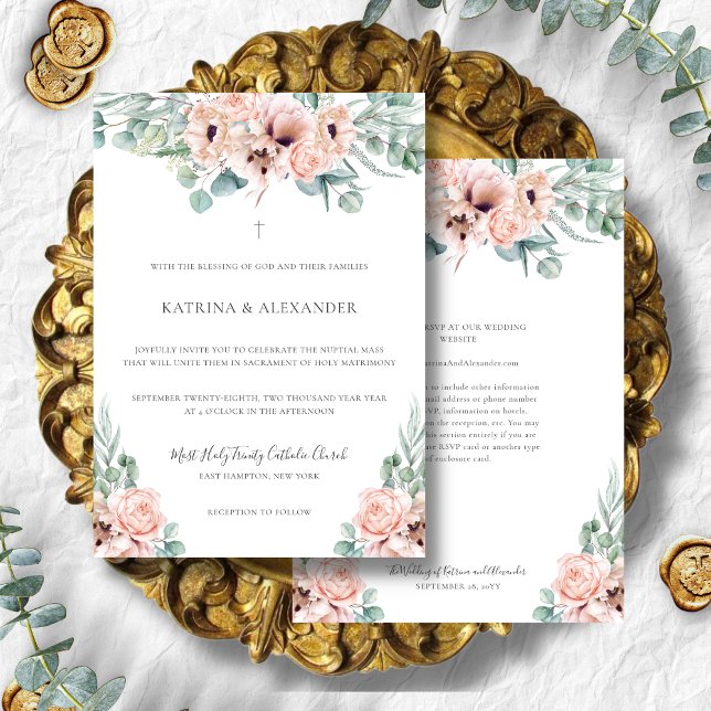 Convite Casamento Católico Moderno de Katrina Pink Boho (Floral pink boho Catholic wedding invitation with RSVP on back.)