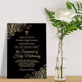 Convite Casamento Católico Moderno Dourado e Negro Elegant