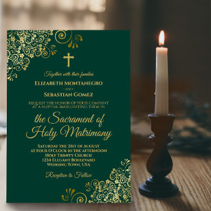Convite Casamento Católico Moderno Dourado Elegante Emeral