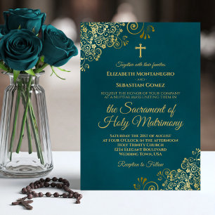 Convite Casamento Católico Moderno Elegante em Azul Turque