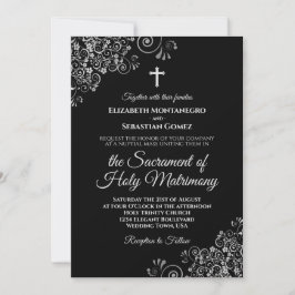 Convite Casamento Católico Moderno Elegante Negro e Prata