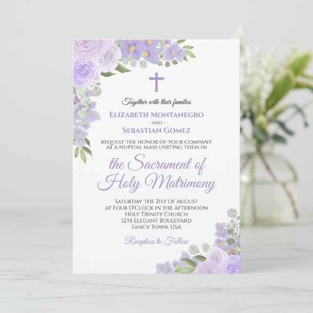 Convite Casamento Católico Moderno Floral lavanda Roxo (Em pé/Frente)