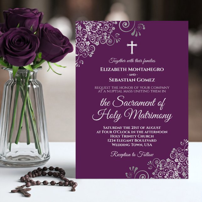Convite Casamento Católico Moderno Roxo Ameixa e Prata Chi (Criador carregado)