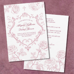 Convite Casamento Católico Rosas Borgonha Crista