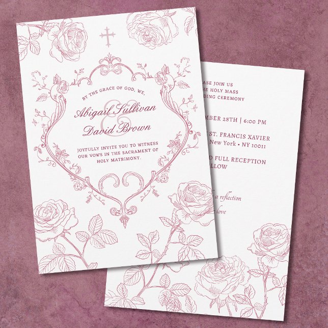 Convite Casamento Católico Rosas Borgonha Crista (Criador carregado)