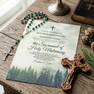 Convite Casamento Católico Rústico em Montanha Verde Nebul
