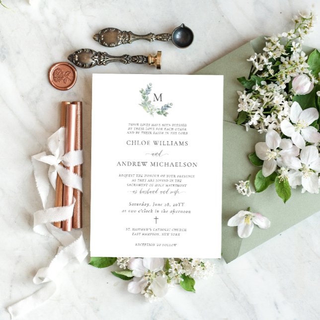 Convite Casamento Católico Simples Elegante com Verde (Catholic wedding invitation with monogram framed by eucalyptus greenery and white flowers.)
