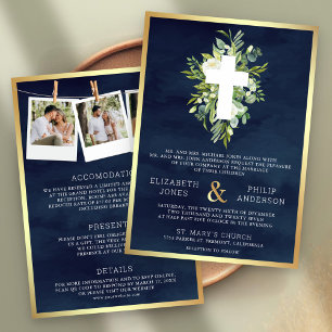 Convite Casamento Católico Tudo em Um Greenery Cross Navy
