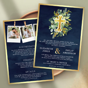 Convite Casamento Católico Verde Escuro Dourado Tudo em Um