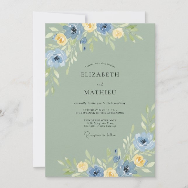 Convite Casamento Celadon Azul Ranunculus Poeira de Eucali (Frente)