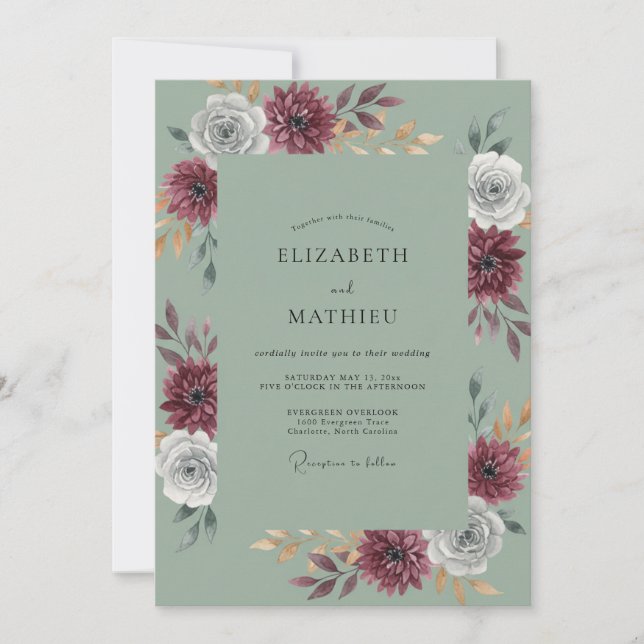 Convite Casamento Celadon Maroon Dahlia (Frente)