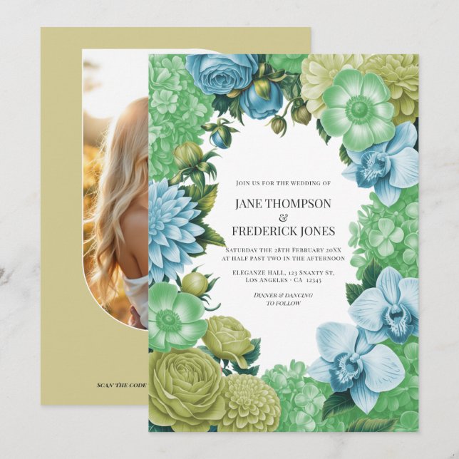 Convite Casamento Celadon Mist, Soft Fern & Porcelain Blue (Frente/Verso)