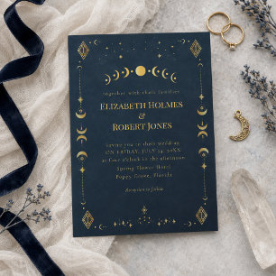 Convite Casamento Céleste Gótico Meia-Noite Azul Dourado