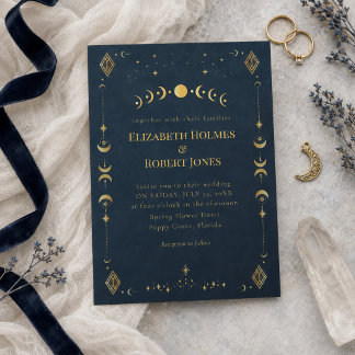 Convite Casamento Céleste Gótico Meia-Noite Azul Dourado