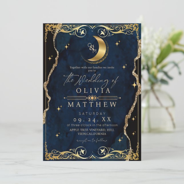 Convite Casamento Celestial Azul e Dourado Foto Casamento (Em pé/Frente)