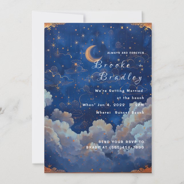 Convite Casamento Celestial Azul Escuro e Dourado (Frente)