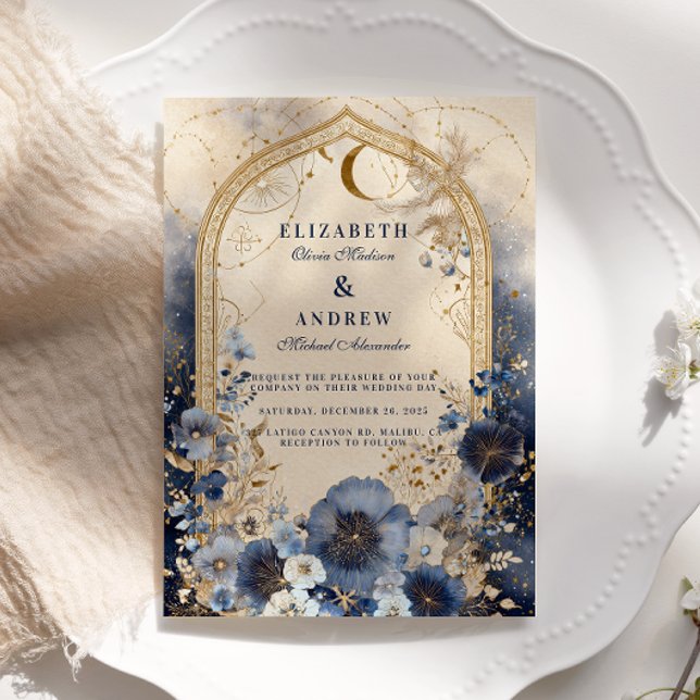 Convite Casamento Celestial Azul Meia-Noite e Dourado (Criador carregado)