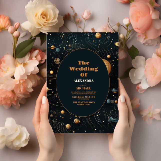 Convite Casamento Celestial Azul Místico Dourado à Meia-No (Criador carregado)