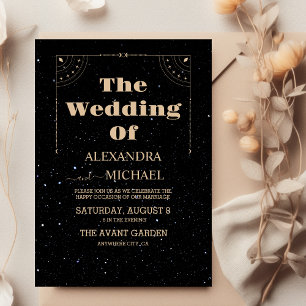 Convite Casamento Celestial da Lua Dourada Mística Negra