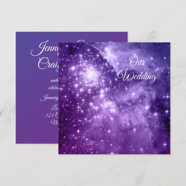 Convite Casamento Celestial das Estrelas de Ombre Roxo (Frente/Verso)