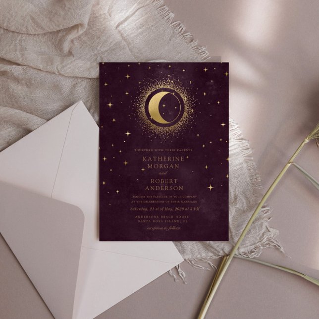 Convite Casamento Celestial De Lua Dourada E Estrelas (Criador carregado)