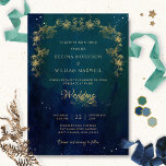 Convite Casamento Celestial de Sonho de Noite de Médio Azu<br><div class="desc">Aprecie seus convidados com este elegante e único convite de casamento celestial estrelado com marinho azul lindo e fundo celestial verde com estrelas delicadas e delicadas terras botânicas mascaradas em matizes ouros. Capacidade de alterar e personalizar todas as seções de texto para atender às suas necessidades. Fácil de preencher modelo....</div>