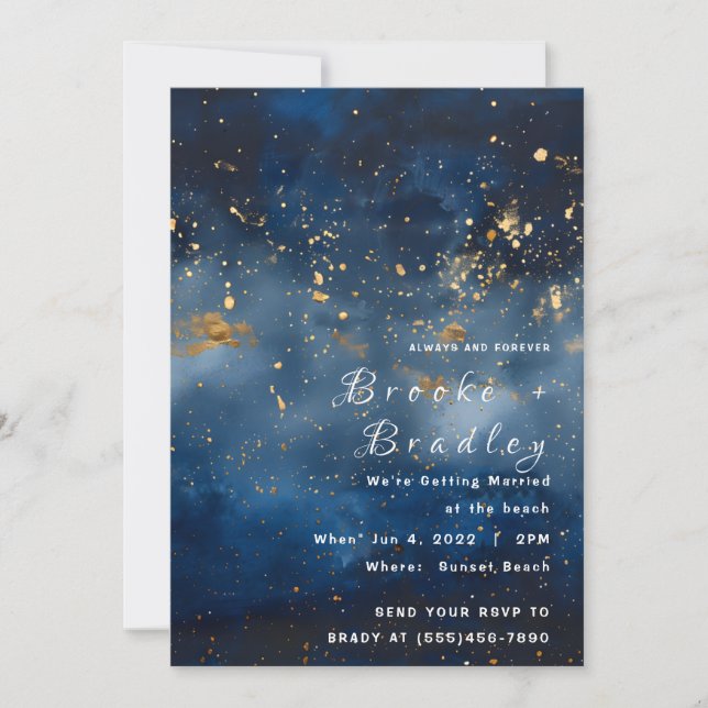 Convite Casamento Celestial Dourado à Meia-Noite (Frente)