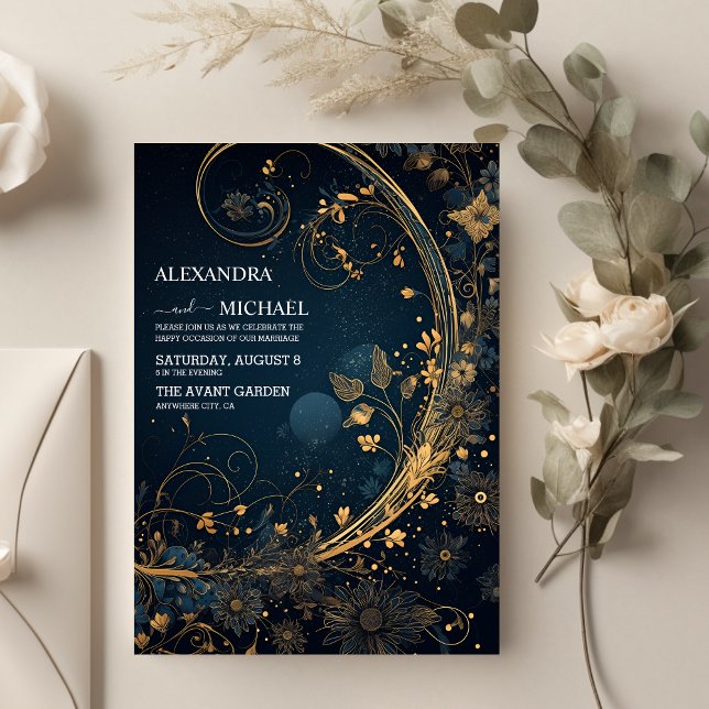 Convite Casamento Celestial Dourado Azul Místico Meia-Noit (Criador carregado)