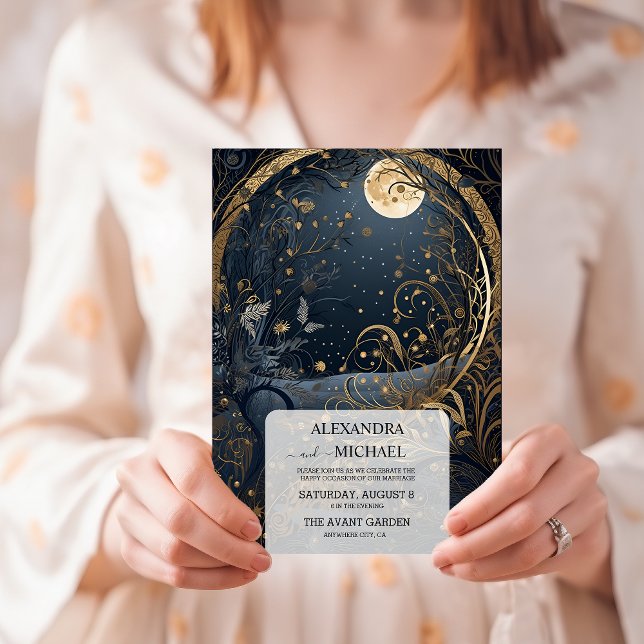 Convite Casamento Celestial Dourado Azul Místico Meia-Noit (Criador carregado)