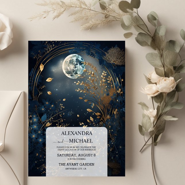 Convite Casamento Celestial Dourado Azul Místico Meia-Noit (Criador carregado)