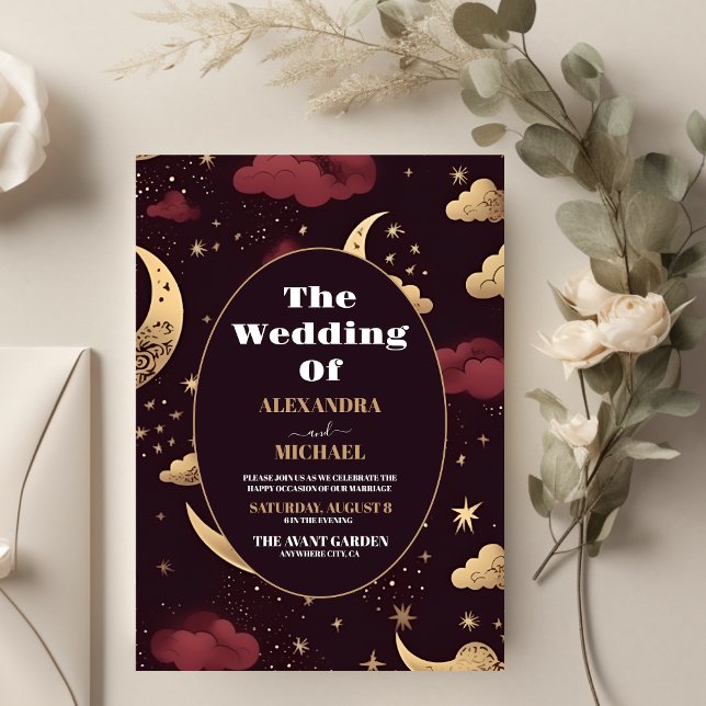 Convite Casamento Celestial Dourado Elegante Burgundy (Criador carregado)