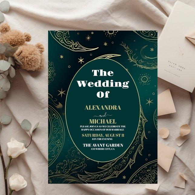 Convite Casamento Celestial Dourado Elegante Emerald Green (Criador carregado)