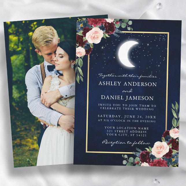 Convite Casamento Celestial Dourado Lua Estrelas Foto  (Customize to change text size or text style.)