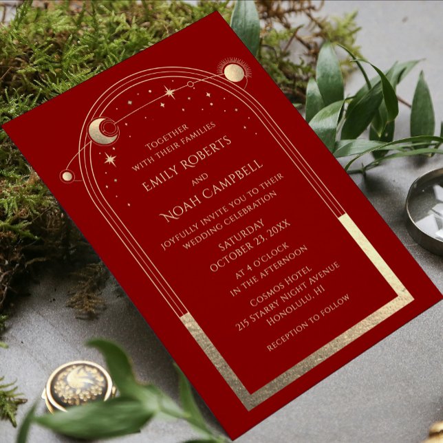 Convite Casamento Celestial Dourado Vermelho Escuro Místic (Criador carregado)