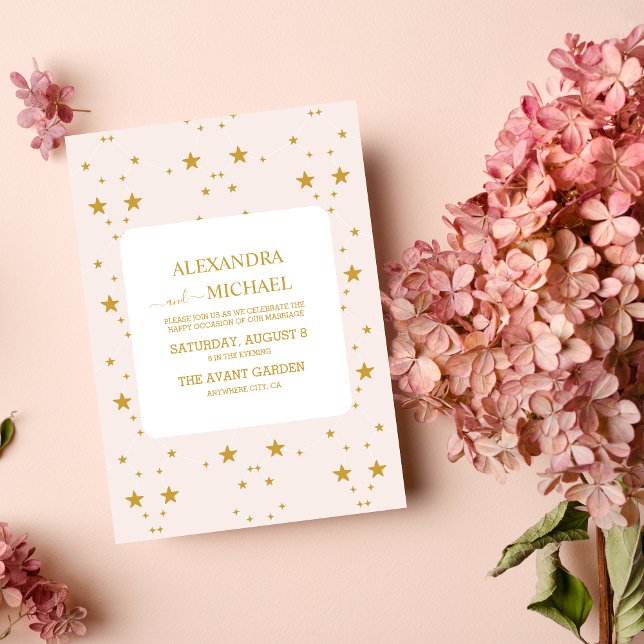 Convite Casamento Celestial Elegante com Rosa e Dourado (Criador carregado)